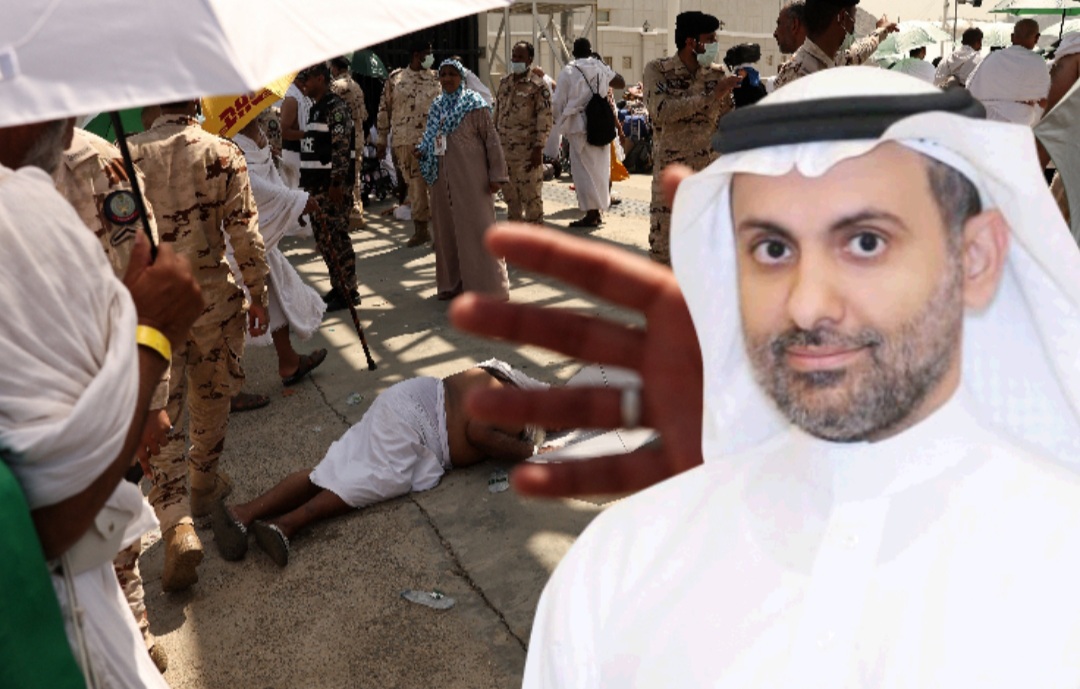 وزير الصحة السعودي مع صورة لحاج ملقى على الأرض