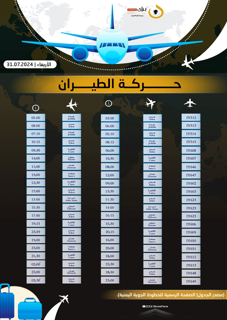 مواعيد رحلات طيران اليمنية - برّان برس