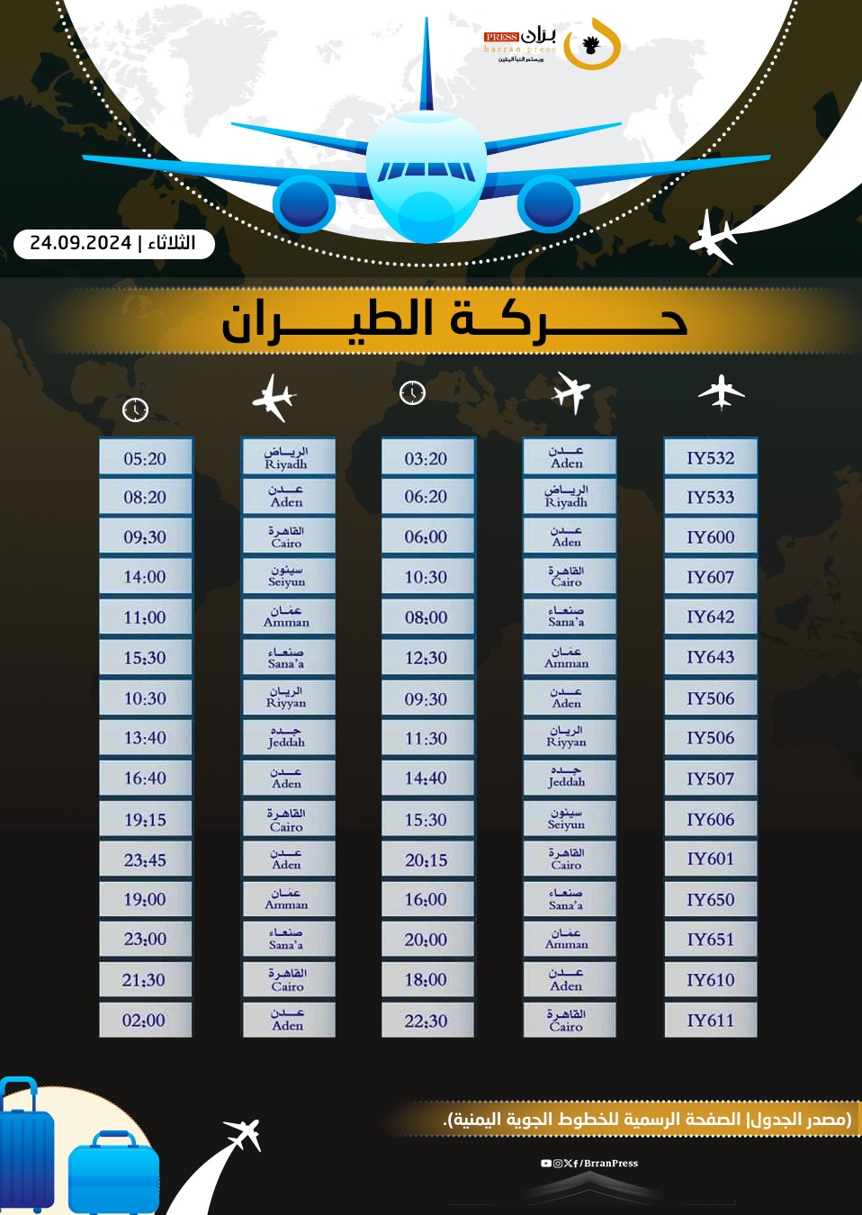 مواعيد رحلات طيران اليمنية - برّان برس