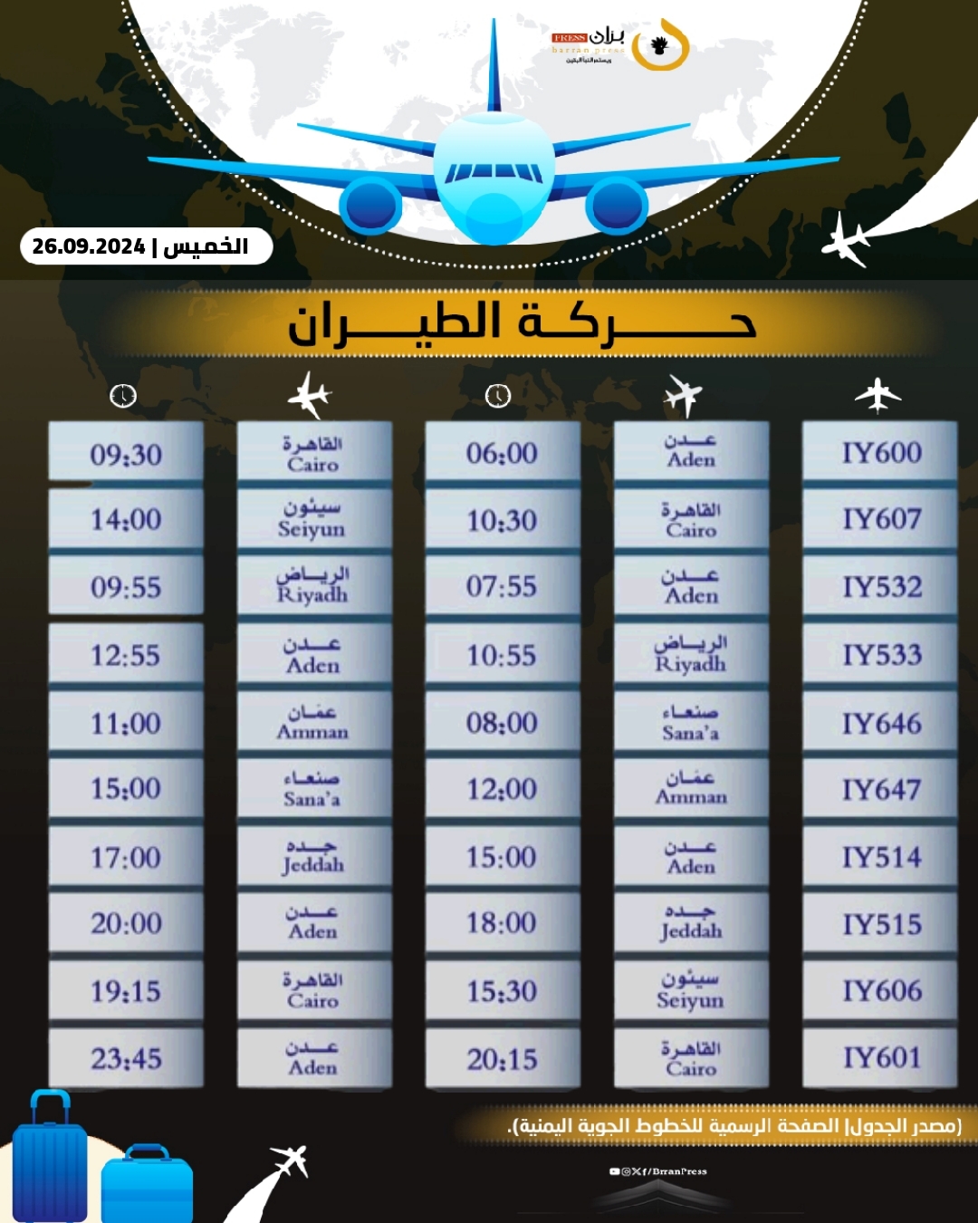 مواعيد 10 رحلات لطيران اليمنية غدًا الخميس 26 سبتمبر 2024م