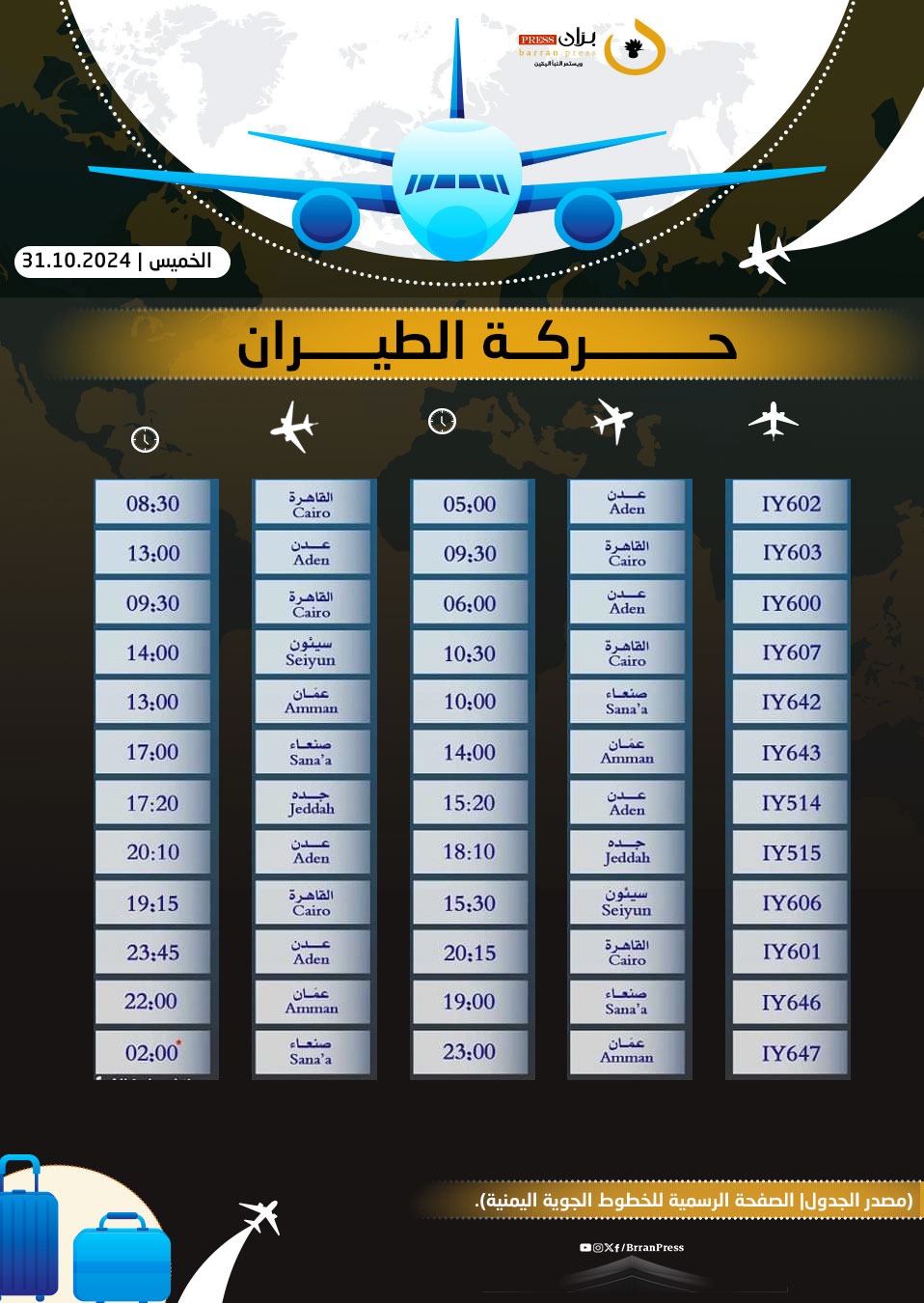 مواعيد رحلات طيران اليمنية - برّان برس