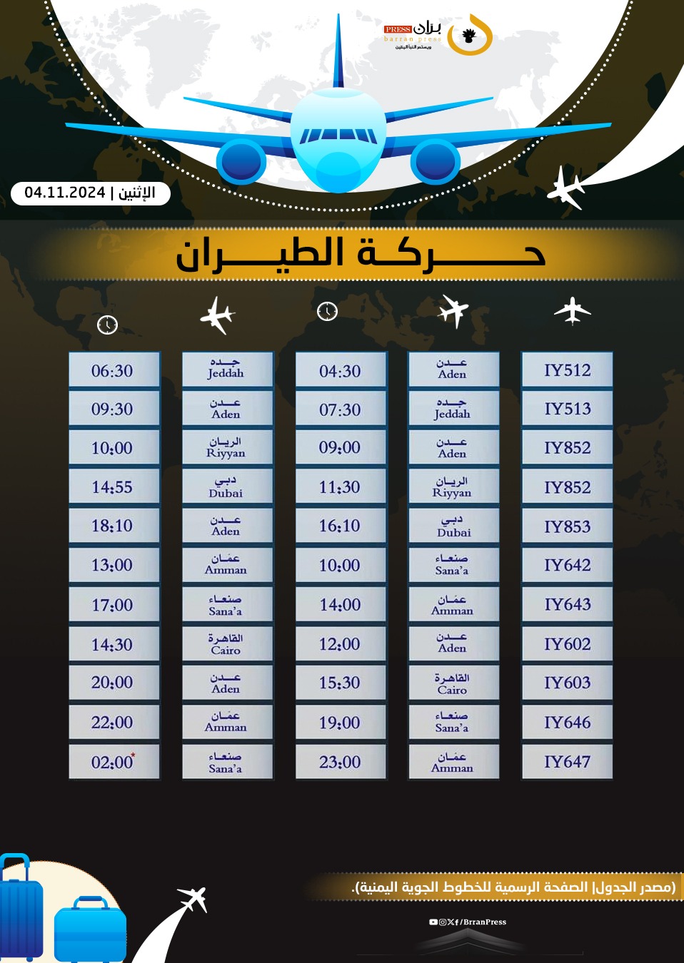 مواعيد رحلات طيران اليمنية - برّان برس