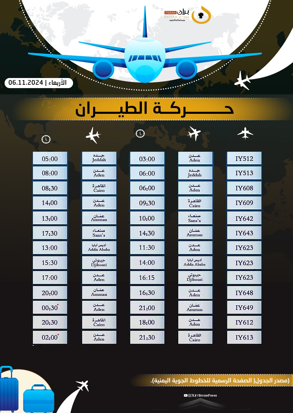 مواعيد 13 رحلة لطيران اليمنية الأربعاء 6 نوفمبر 2024م