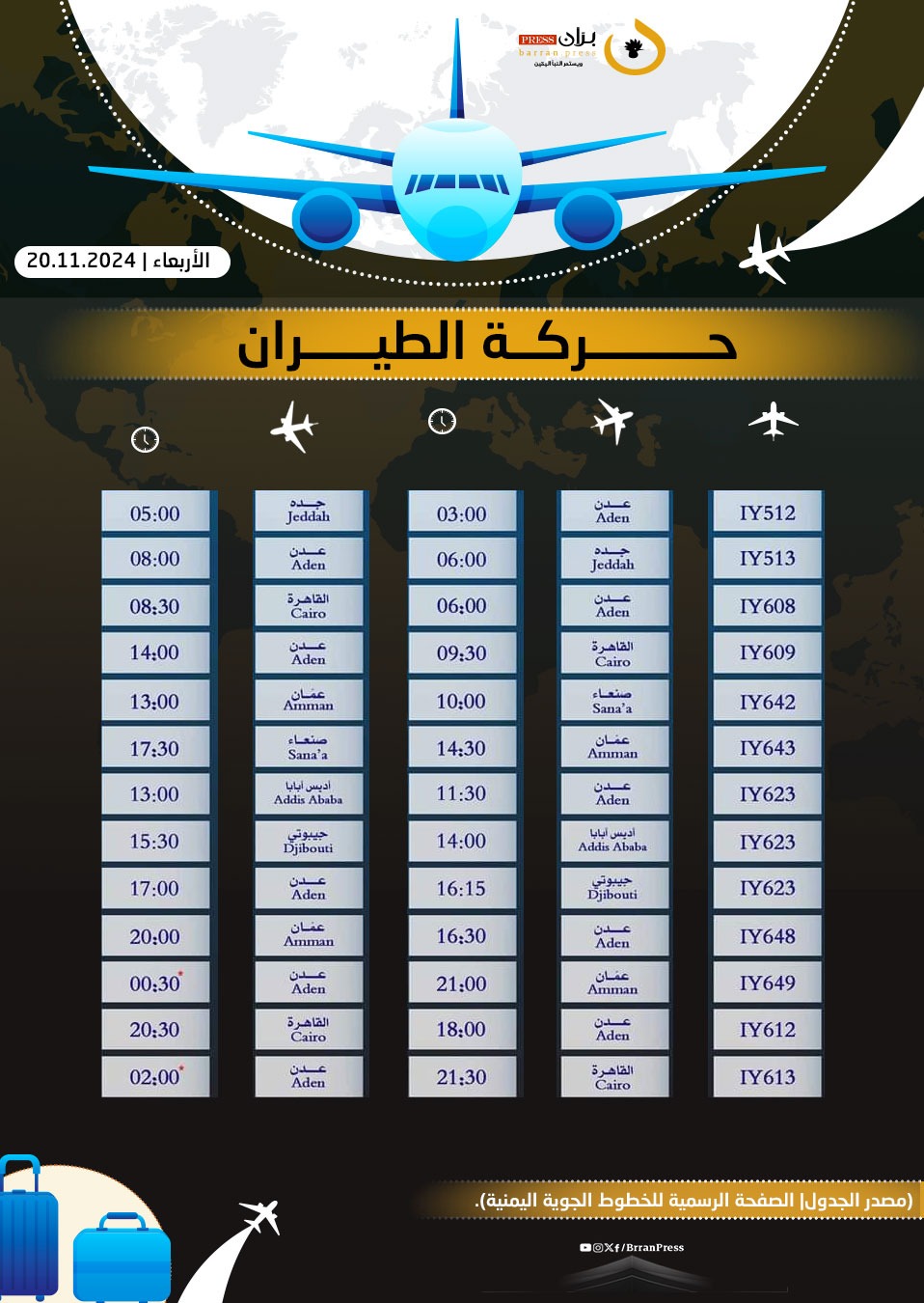 مواعيد رحلات طيران اليمنية غدا الأربعاء 20 نوفمبر/تشرين الثاني 2024م