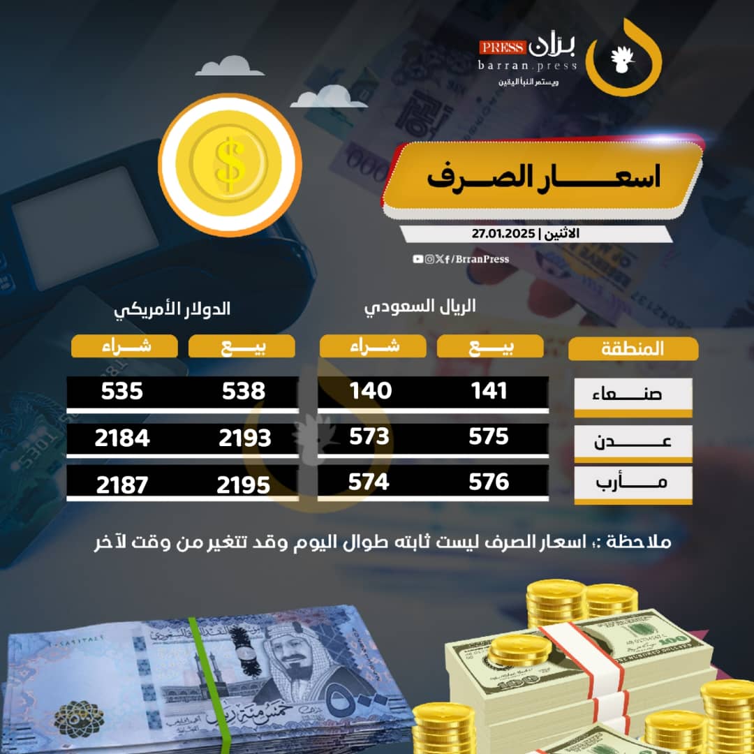 أسعار صرف الريال اليمني مقابل السعودي والدولار في صنعاء وعدن ومأرب اليوم الأثنين 27 يناير 2025م