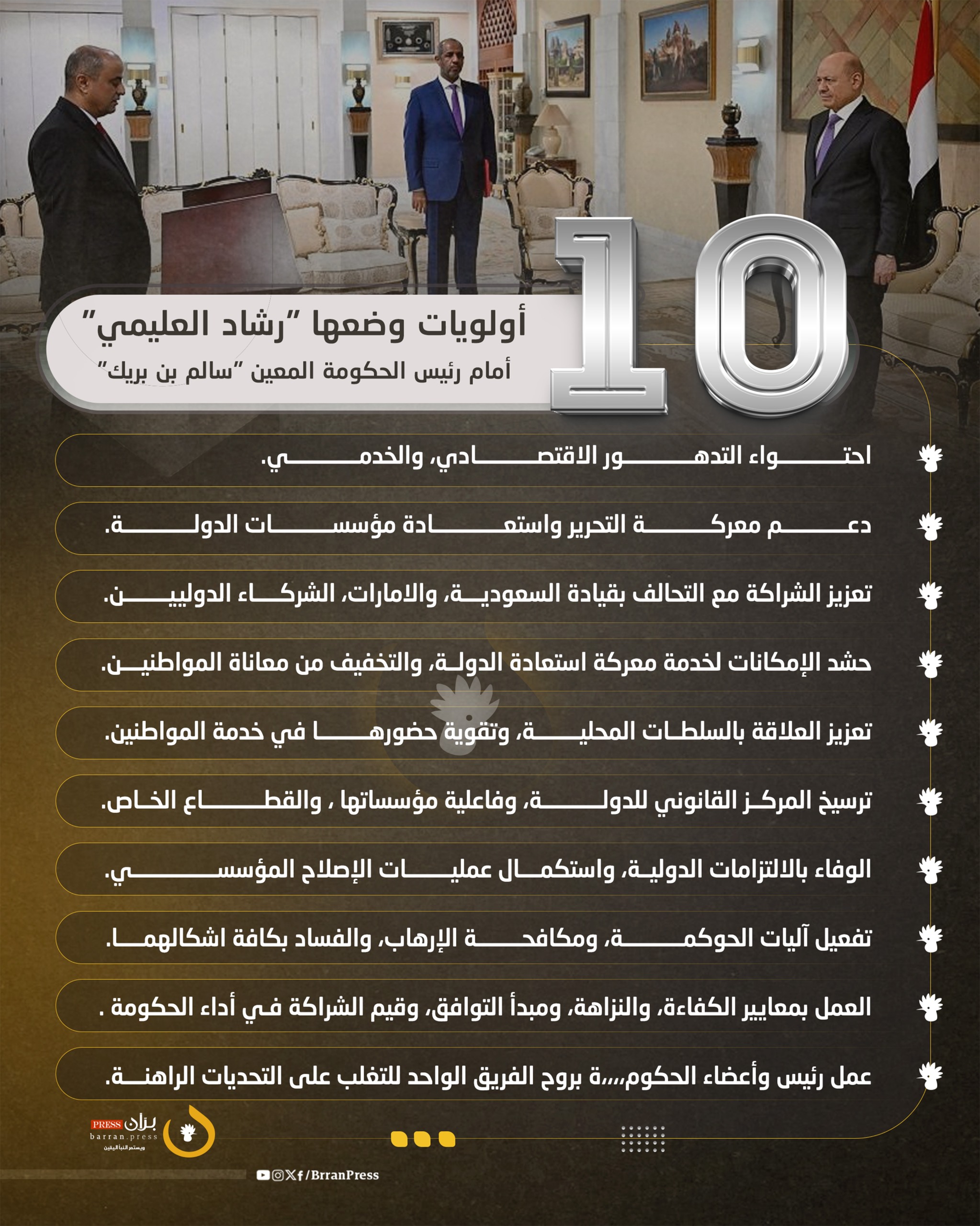 تصميم إنفو جرافيك | 10 أولويات وضعها "رشاد العليمي" أمام رئيس الحكومة المعين "سالم بن بريك"